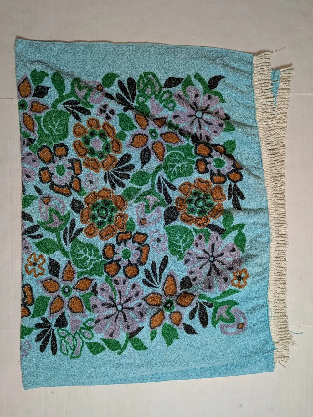 Vintage Bath Beach Towel Turquoise Flowers & Fringes